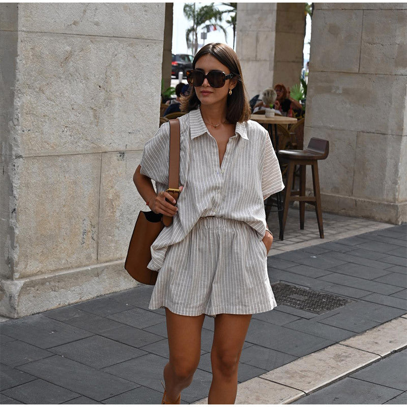Léger Été | Ensemble Chemise et Short à Rayures Décontractées