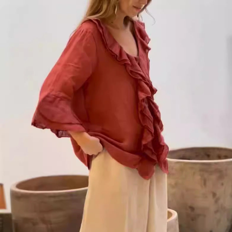 Élégance Décontractée | Blouse à Volants et Manches Évasées