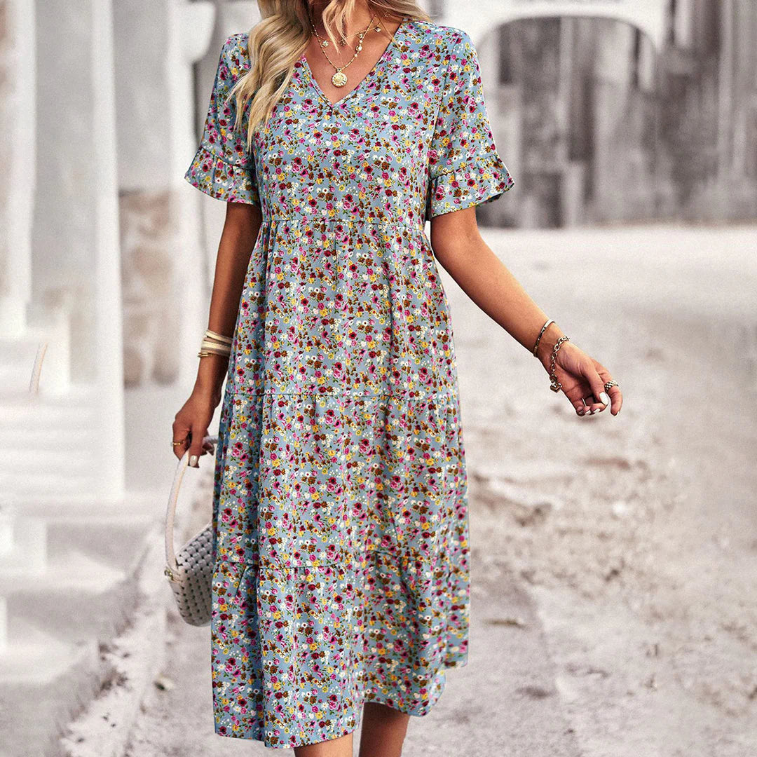 Celia | Robe Midi Bohème | Imprimé Fleuri | Fluide et Élégante