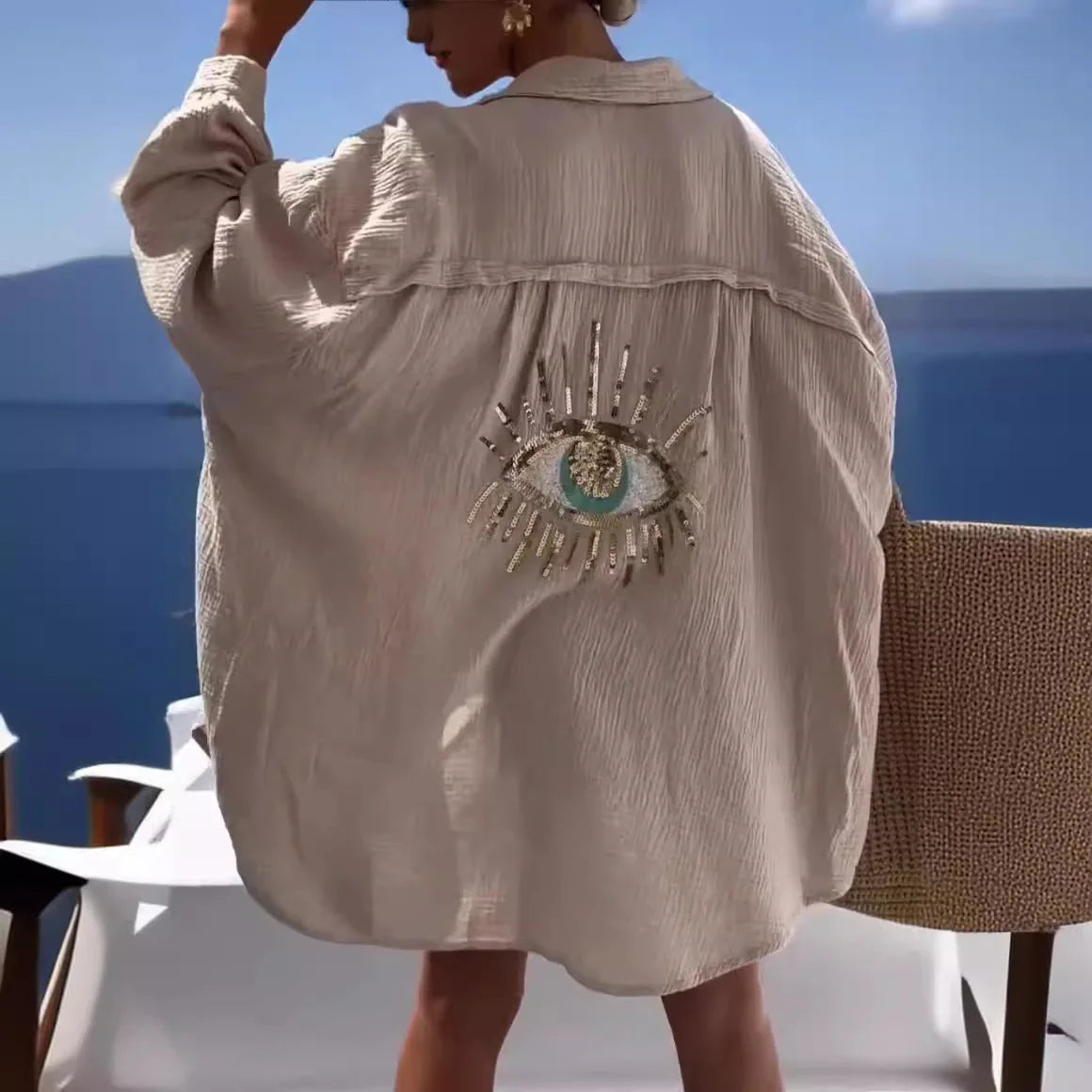 Chemise Oversize Brodée Œil Doré | Style Bohème et Charme Méditerranéen