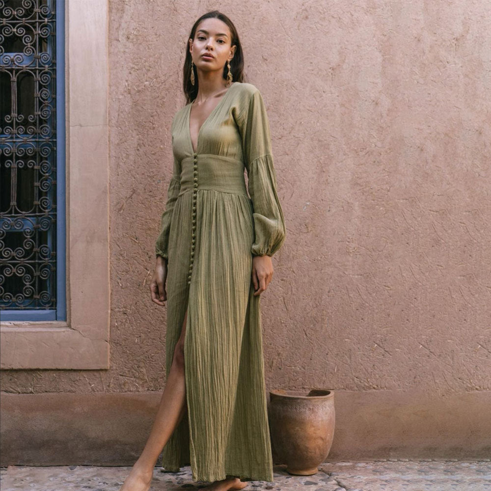 Robe Longue Kaki | Boutonnée & Plissée | 100% Coton Naturel