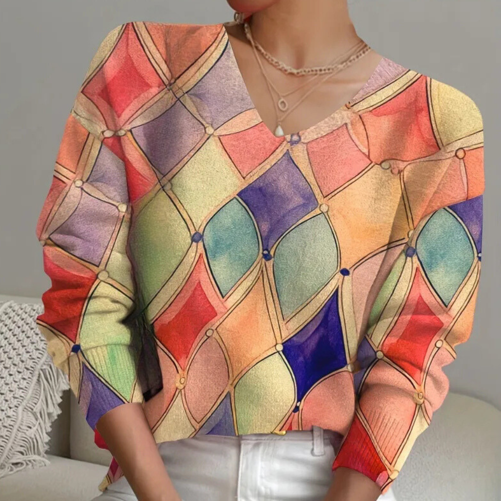Haut Col V Multicolore | Coton | Imprimé Géométrique Artistique