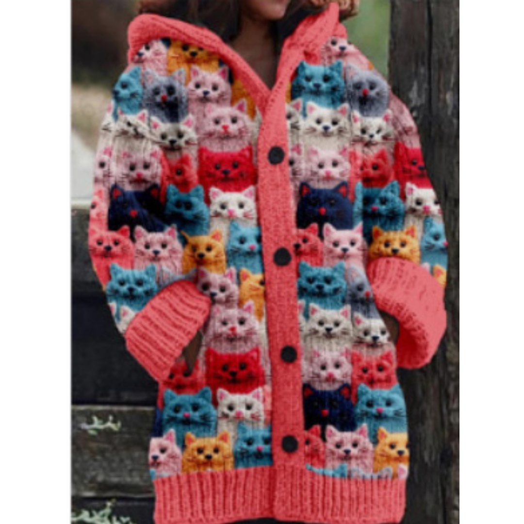 Cardigan en Tricot Multicolore à Motifs Chats | Mélange Acrylique & Polyester | Douillet & Original