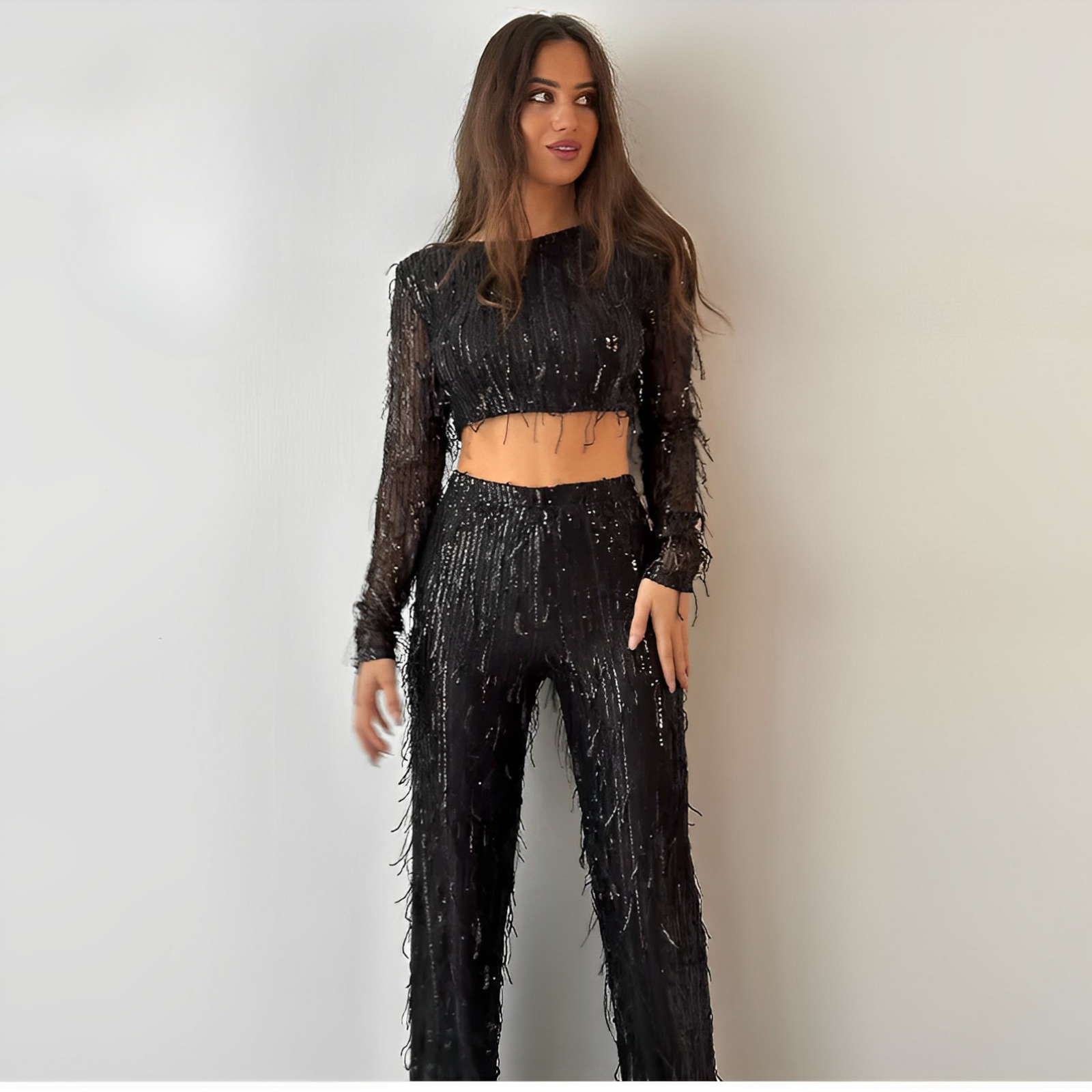 Ensemble Crop Top & Pantalon à Sequins | Tenue de Soirée Brillante