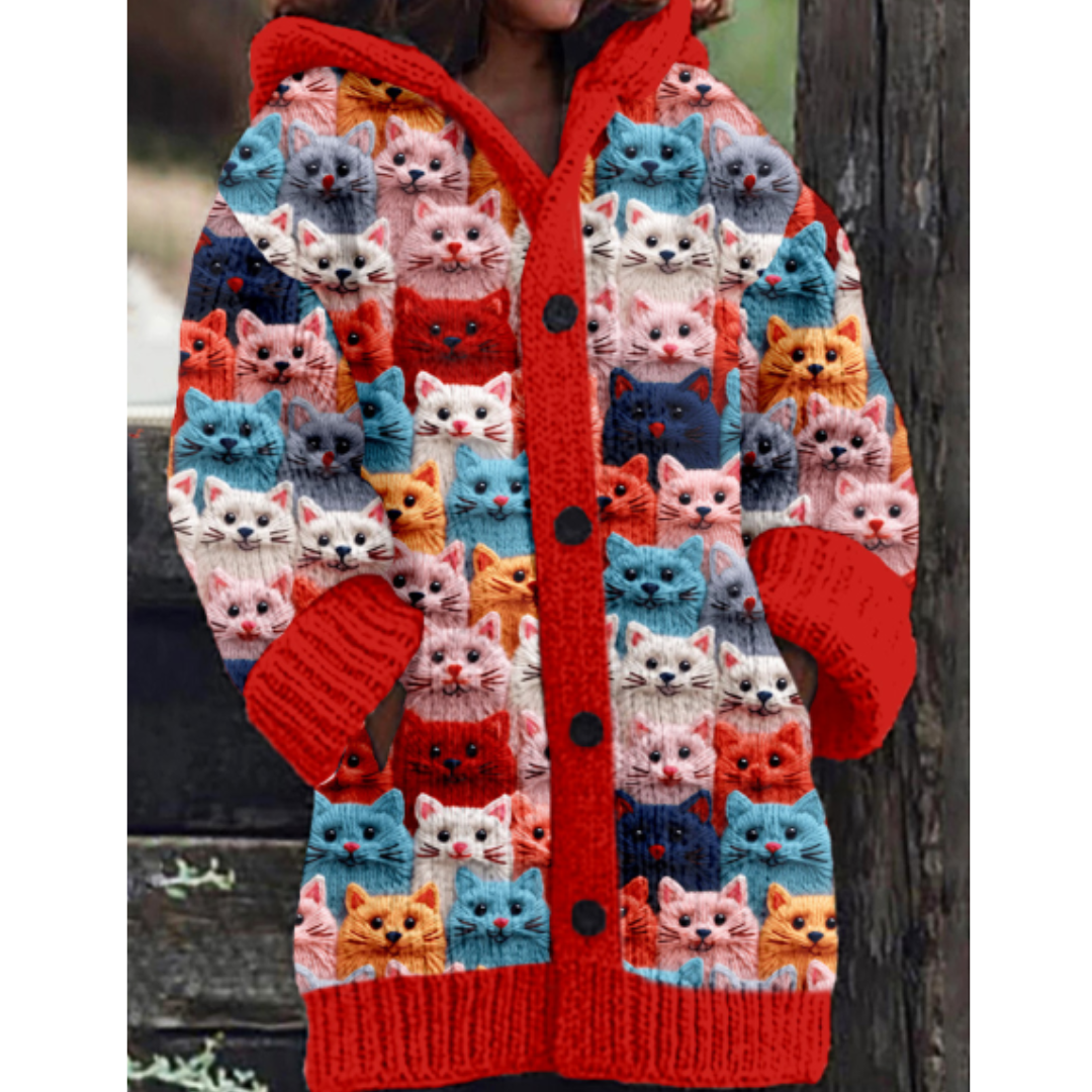 Cardigan en Tricot Multicolore à Motifs Chats | Mélange Acrylique & Polyester | Douillet & Original
