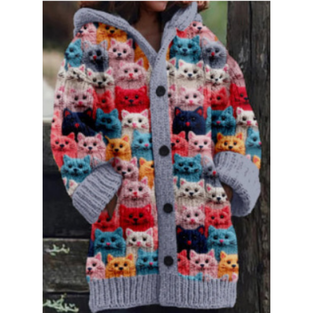 Cardigan en Tricot Multicolore à Motifs Chats | Mélange Acrylique & Polyester | Douillet & Original