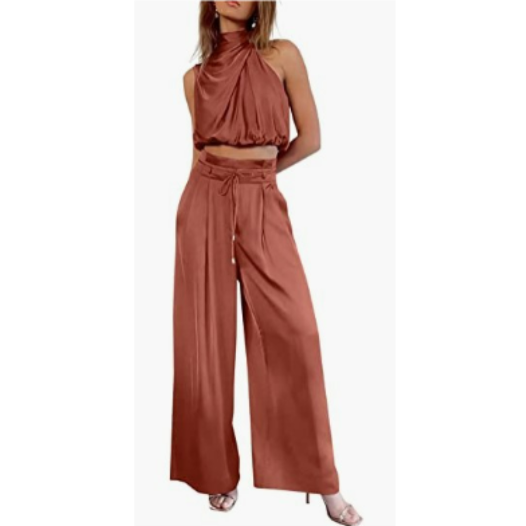 Ensemble Élégant Femme | Viscose | Top Drapé & Pantalon Taille Haute
