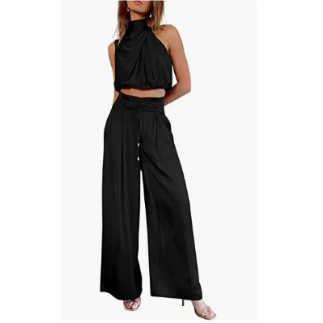 Ensemble Élégant Femme | Viscose | Top Drapé & Pantalon Taille Haute