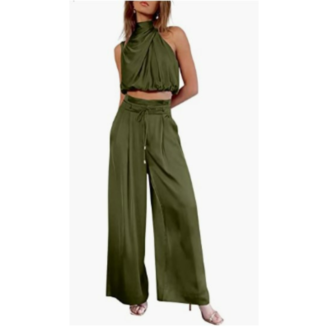 Ensemble Élégant Femme | Viscose | Top Drapé & Pantalon Taille Haute