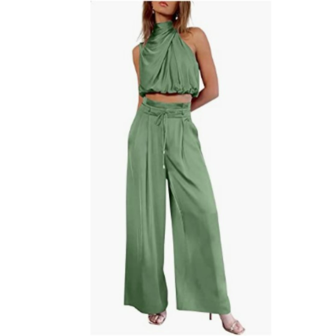 Ensemble Élégant Femme | Viscose | Top Drapé & Pantalon Taille Haute