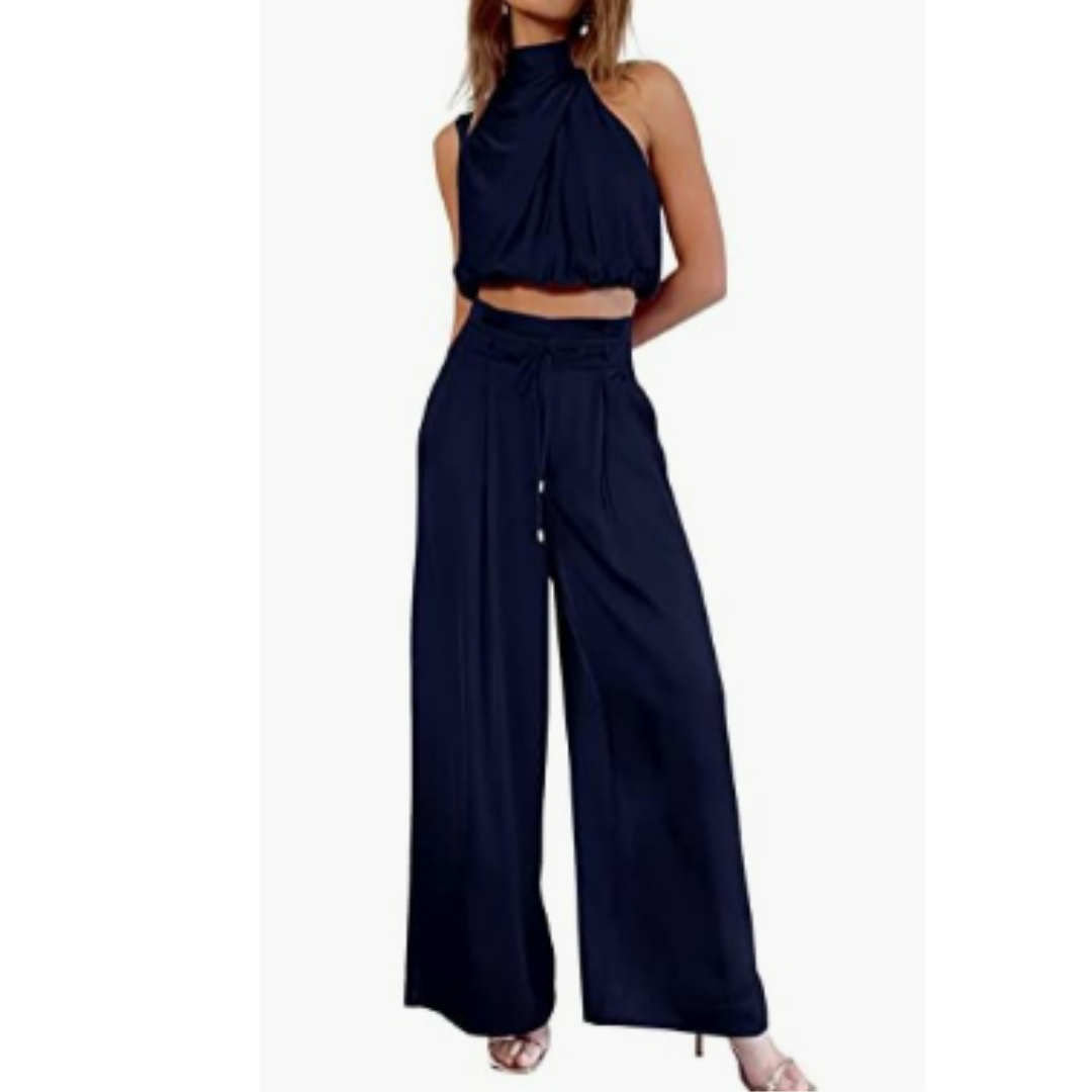 Ensemble Élégant Femme | Viscose | Top Drapé & Pantalon Taille Haute