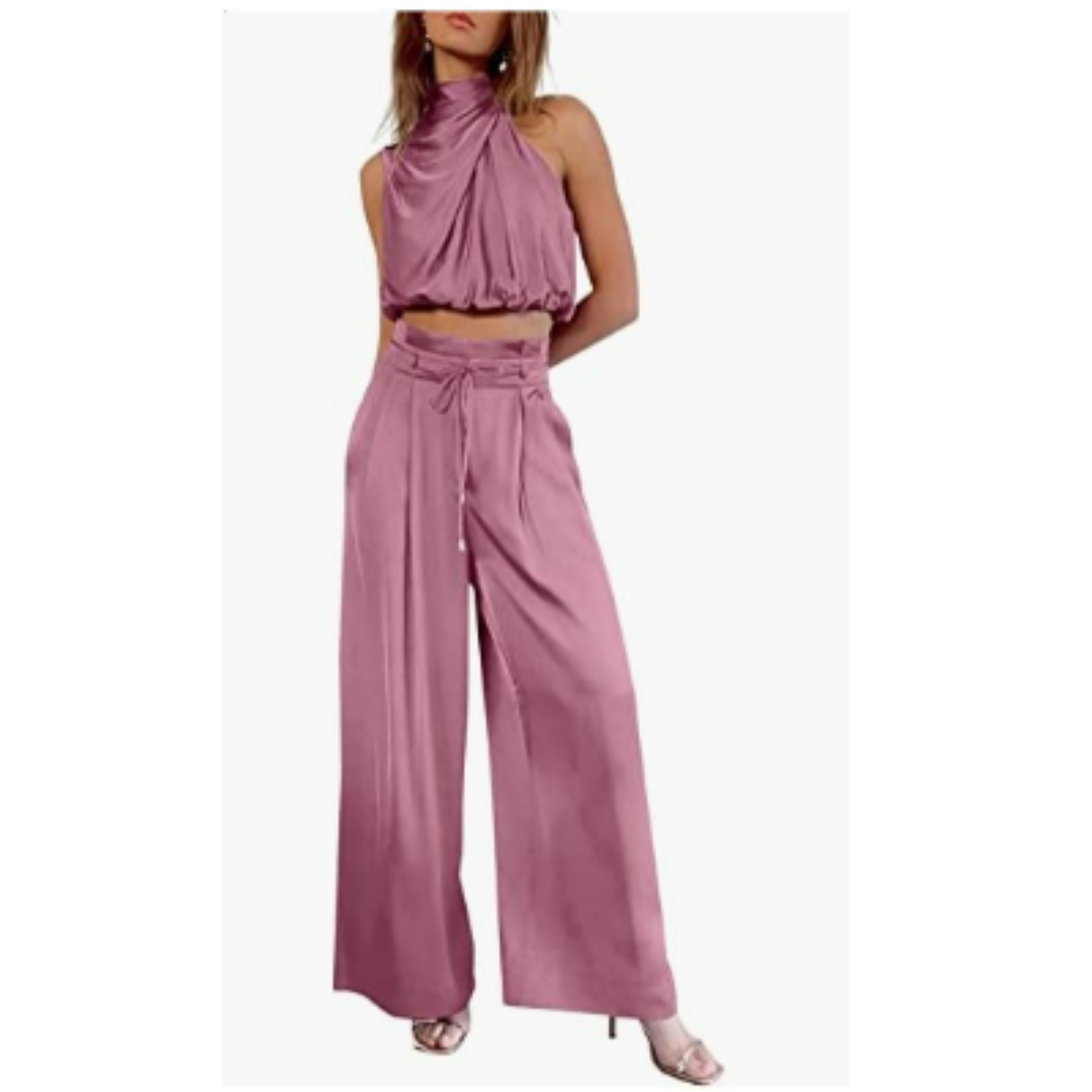 Ensemble Élégant Femme | Viscose | Top Drapé & Pantalon Taille Haute