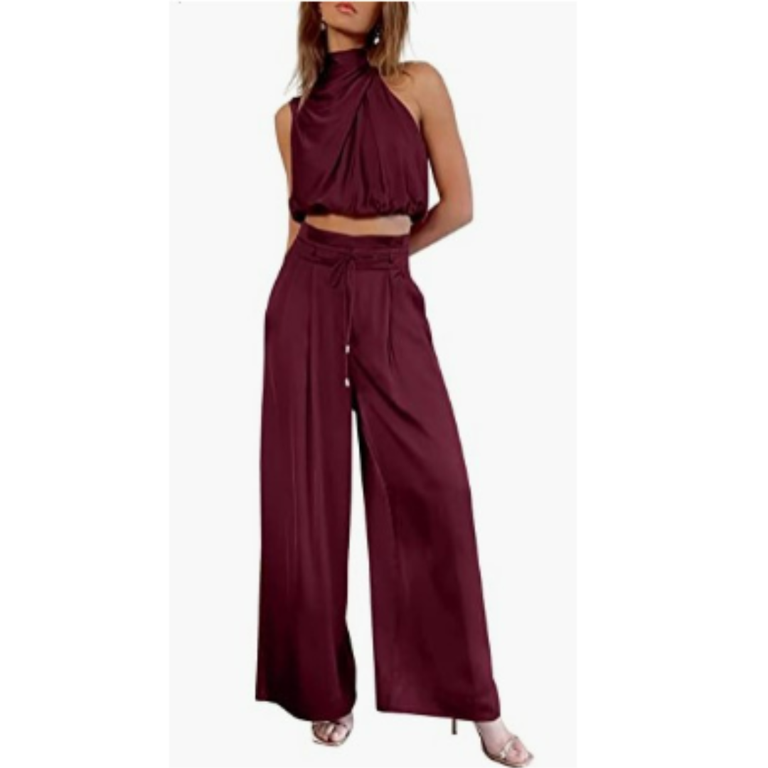 Ensemble Élégant Femme | Viscose | Top Drapé & Pantalon Taille Haute