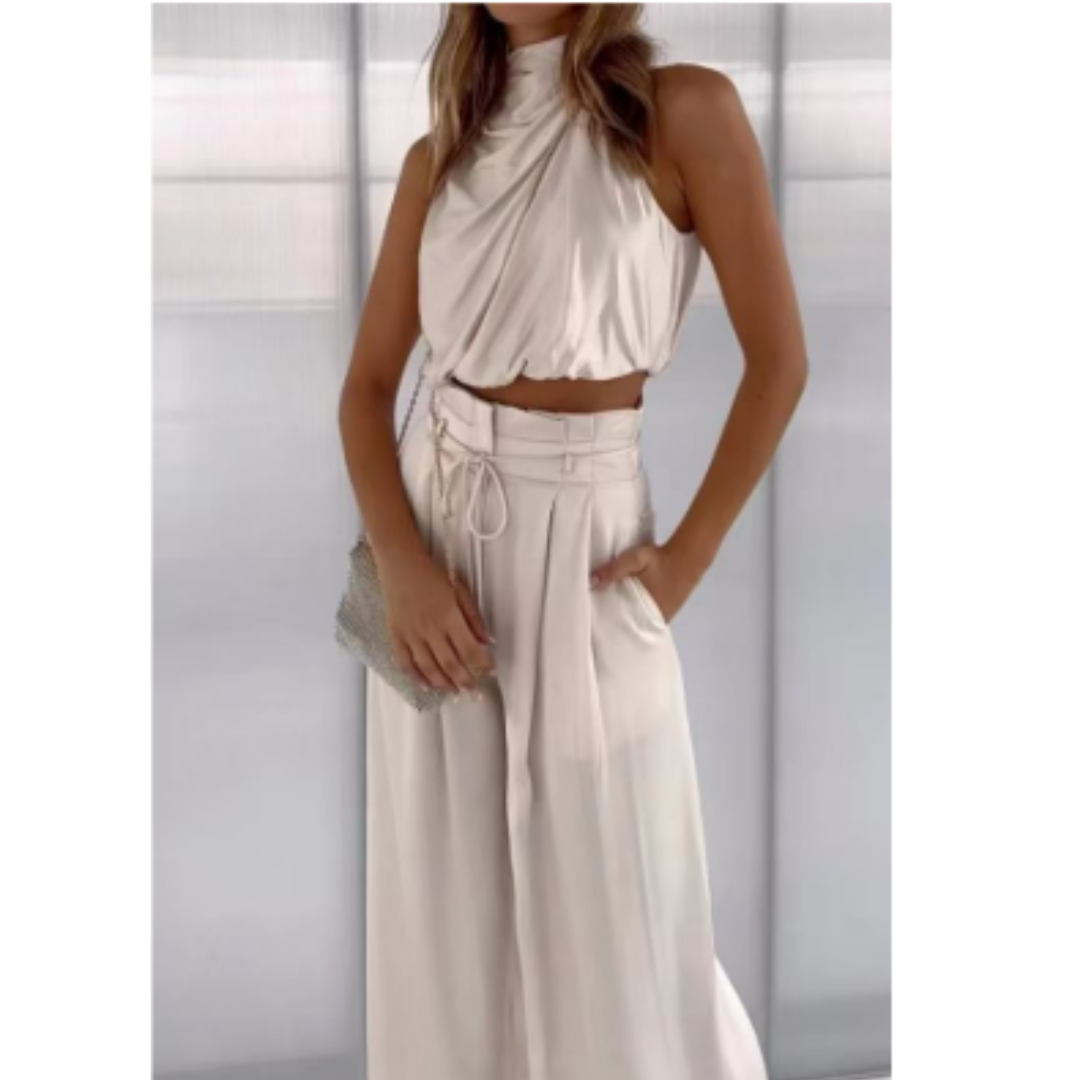 Ensemble Élégant Femme | Viscose | Top Drapé & Pantalon Taille Haute