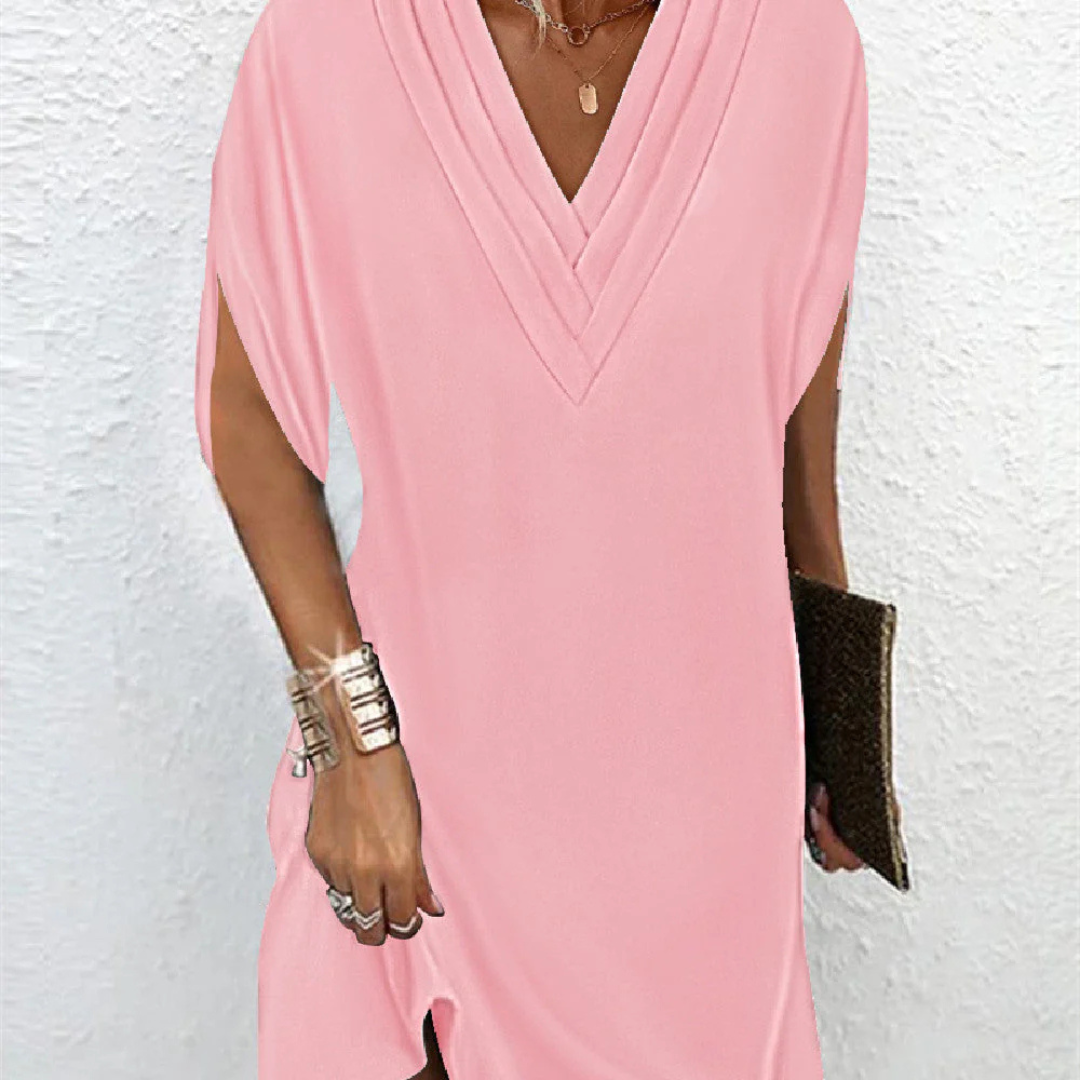 Robe Fluide Rose à Col en V | Polyester | Légère & Élégante