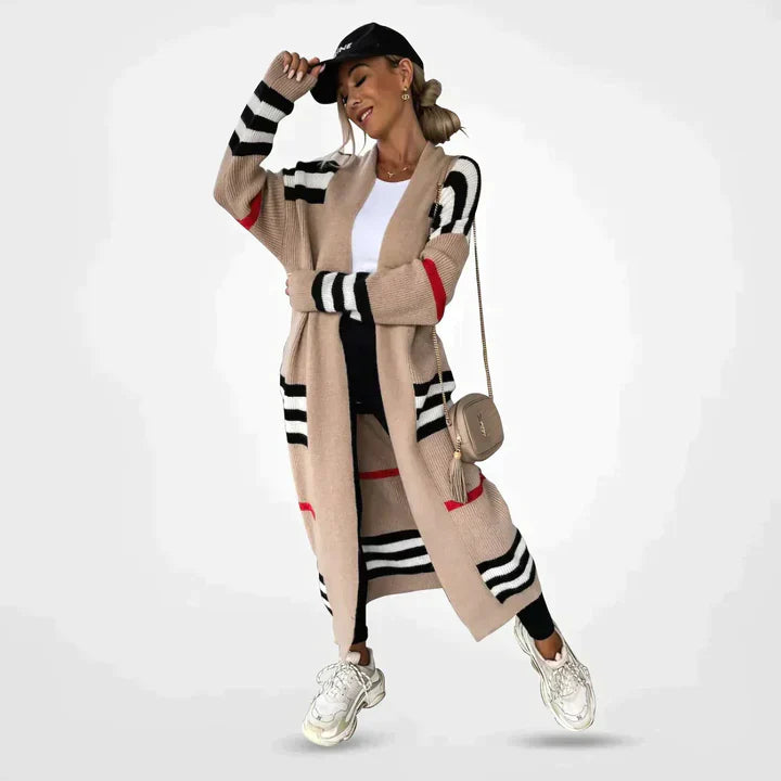 Cardigan Long à Rayures | Maille Confortable | Look Tendance