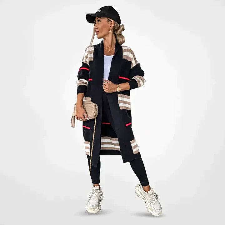 Cardigan Long à Rayures | Maille Confortable | Look Tendance