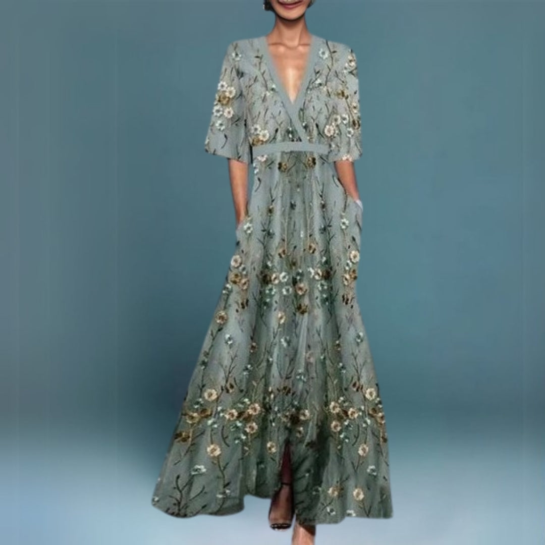 Robe Longue Femme | Vert Brodé Floral | Élégante & Fluide
