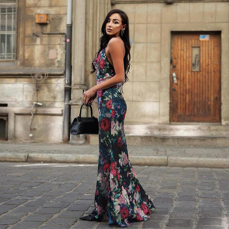 Robe Longue Satinée Imprimé Floral | Charme Nocturne