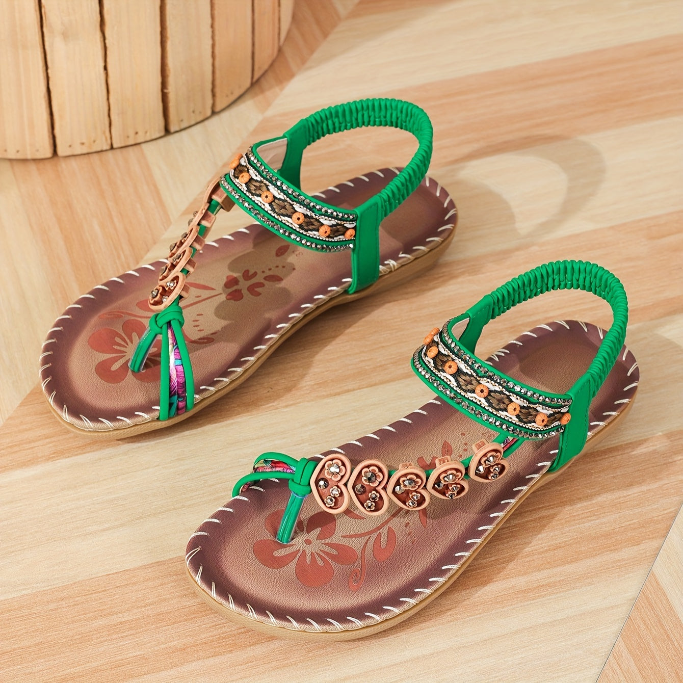 Sandales Tongs | Fleurs Perlées & Élastique | Style Bohème Estival
