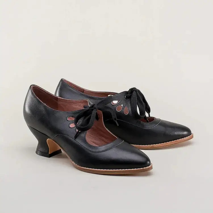 Escarpins Rétro à Lacets | Cuir Véritable Noir | Talon Bas Confortable