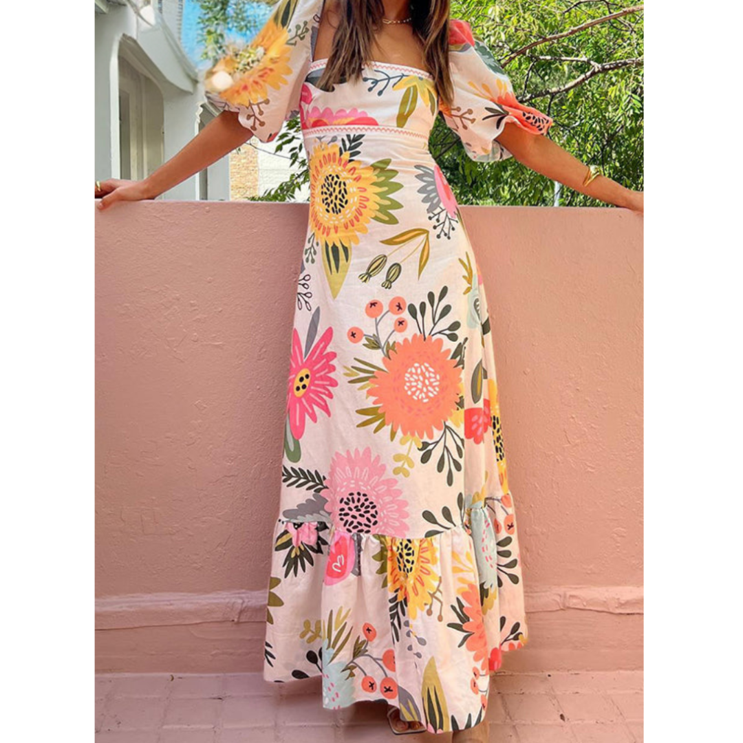 Robe Longue à Volants et Imprimé Floral | Fraîcheur Exotique et Féminine