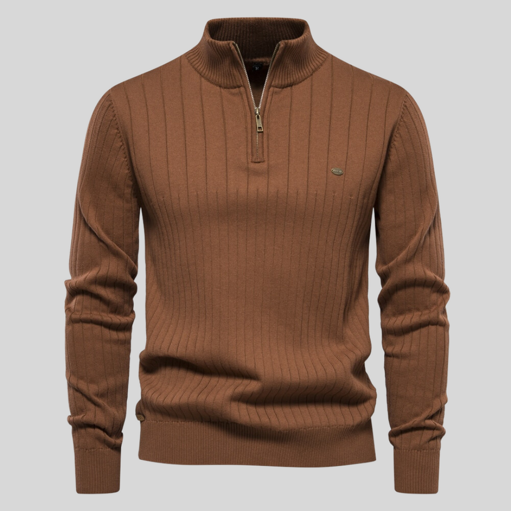 Pull Marron à Col Zippé | Coton & Polyester | Élégant & Confortable