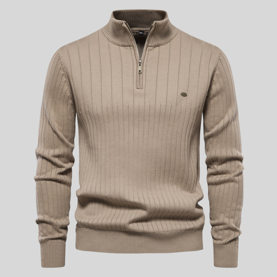 Pull Marron à Col Zippé | Coton & Polyester | Élégant & Confortable