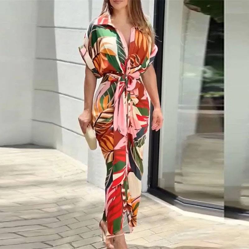 Robe Rouge Feuillage | Élégance Tropicale Fluide