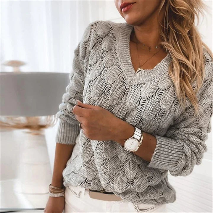 Pull Tricot Gris Clair | Motif Ajouré & Encolure V | 100% Coton Naturel