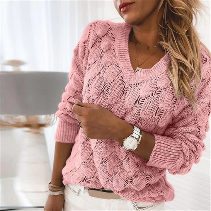 Pull Tricot Gris Clair | Motif Ajouré & Encolure V | 100% Coton Naturel