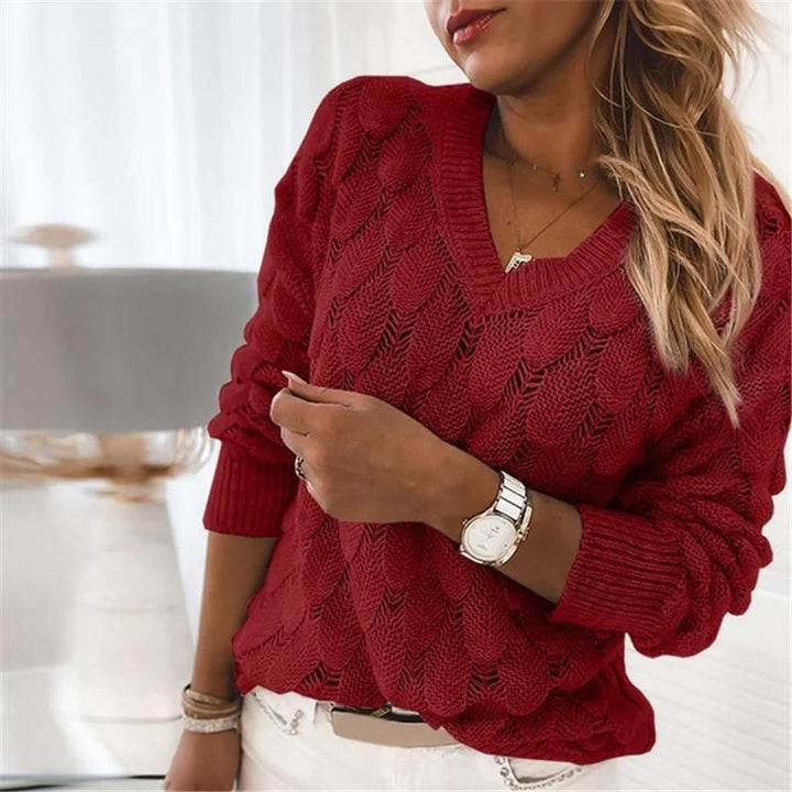 Pull Tricot Gris Clair | Motif Ajouré & Encolure V | 100% Coton Naturel