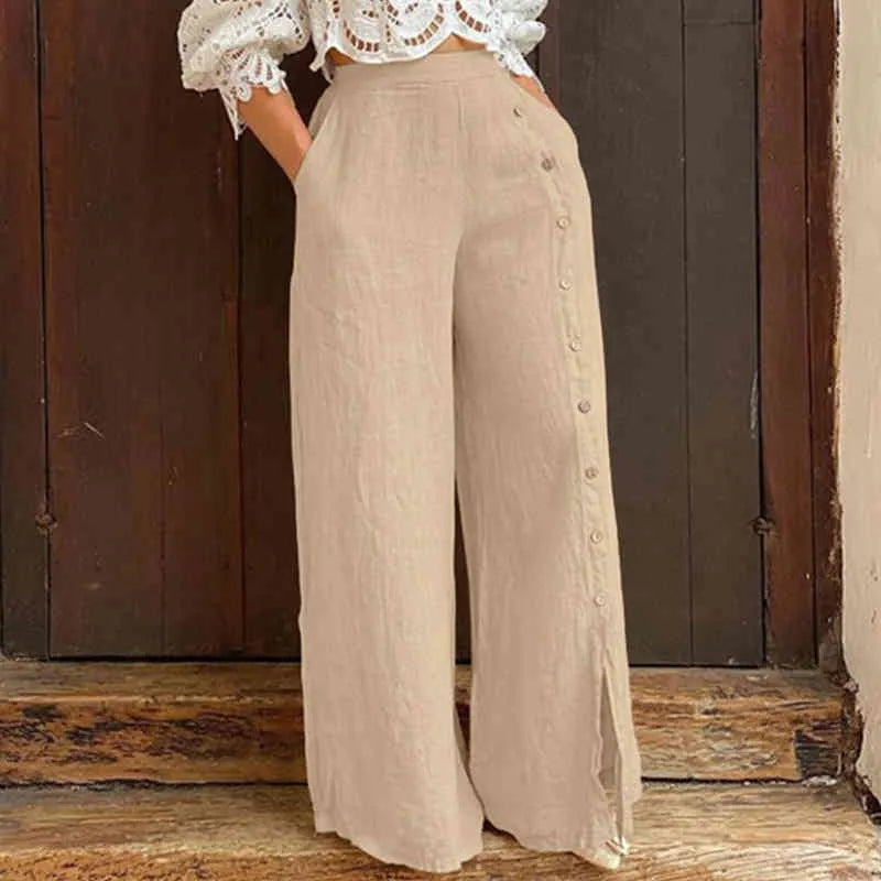 Pantalon Large  à Boutons | Élégance Décontractée et Détail Chic