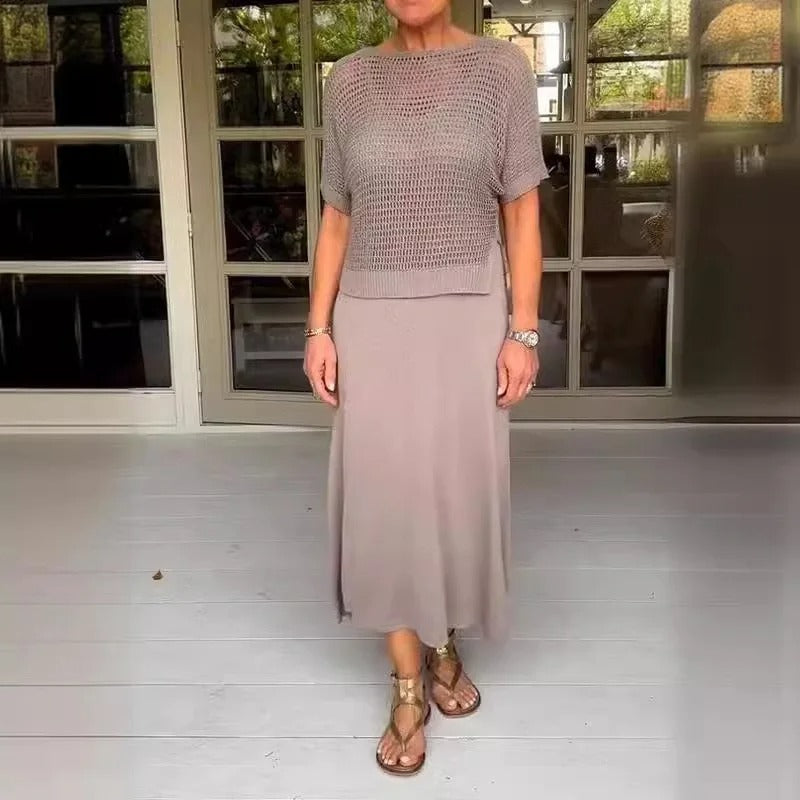 Ensemble Femme | Robe Midi Fluide & Pull Maille Ajourée  | Élégant & Léger
