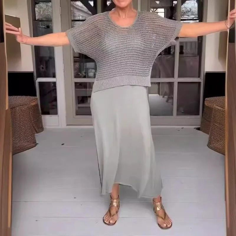 Ensemble Femme | Robe Midi Fluide & Pull Maille Ajourée  | Élégant & Léger