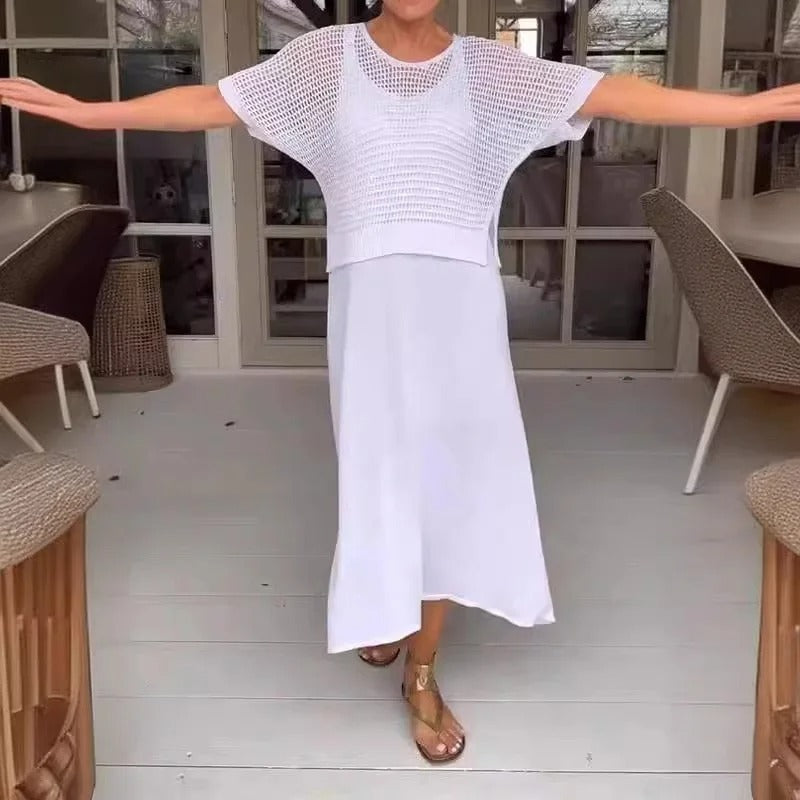 Ensemble Femme | Robe Midi Fluide & Pull Maille Ajourée  | Élégant & Léger