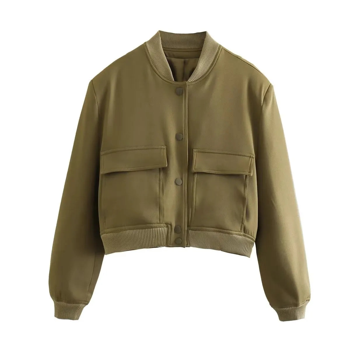 Veste Courte Beige | Style Bomber | Poches à Rabat & Finitions Côtelées
